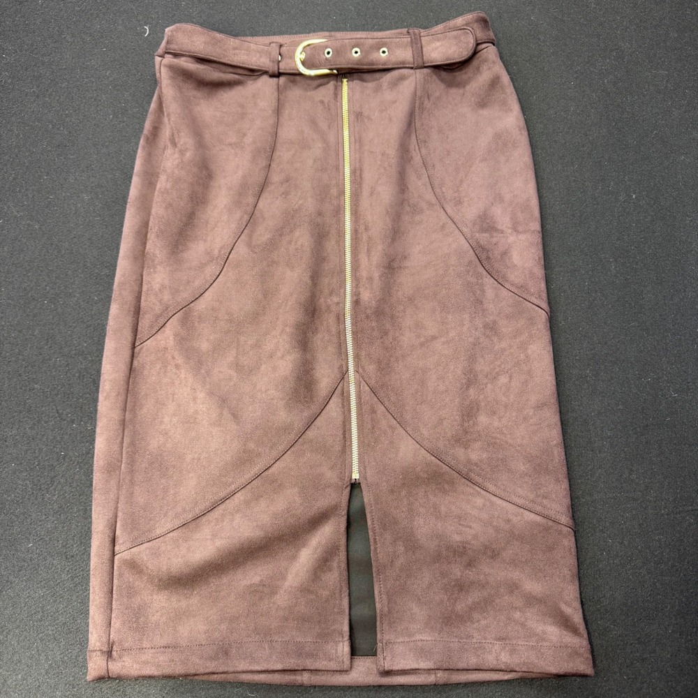 Marc New York Faux Suede Belted Pencil Skirt Mauve Brown Gold Zip Front Midi M